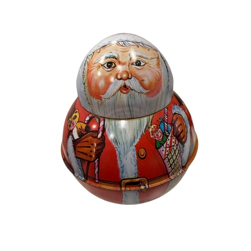 Vintage Santa Claus Roly Poly Candy Metal Christmas Tin 7 X. 6 Festive Santa